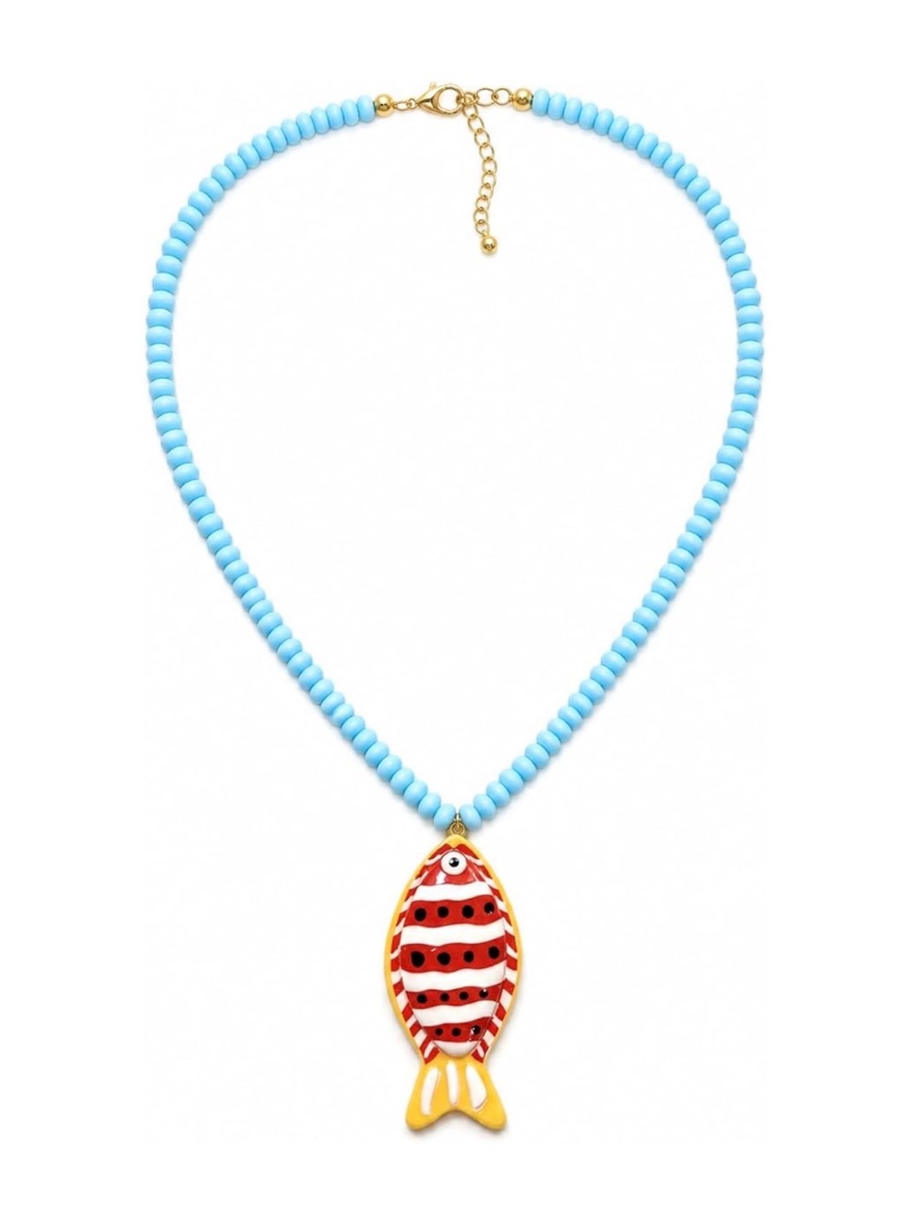 Blue Beaded Necklace with Red & Yellow Fish Pendant